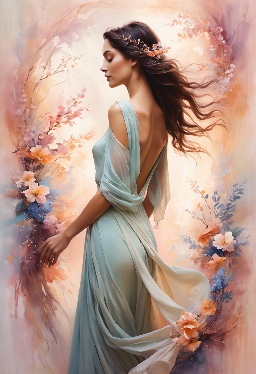 A graceful silhouette of a woman in an elegant pose, surrounded by organic elements like flowers and flowing fabrics, conveying a sense of intimacy and empowerment. Incorporate soft pastel colors to evoke warmth and vulnerability, while abstract shapes symbolize freedom and self-acceptance. The background should be dreamy, creating a serene atmosphere that invites reflection. painting. soft colors. ethereal.